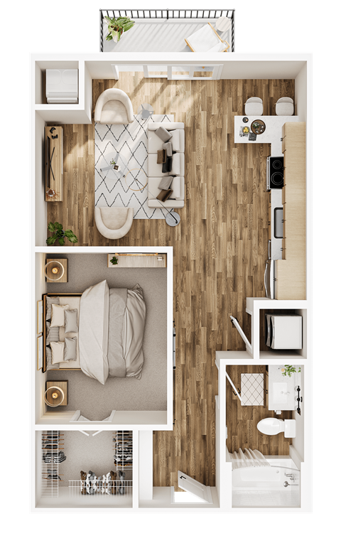 Floor plan for 1 bed, 1 bath, 648 sqft
